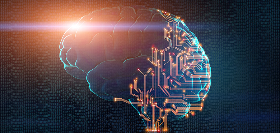 Illustration of a brain with a circuit board.